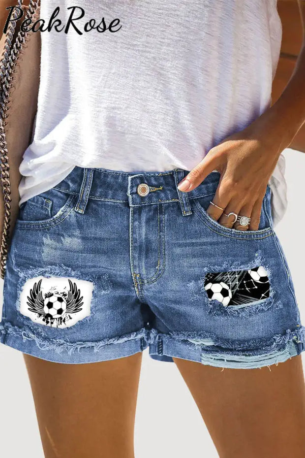 Soccer Wings Print Ripped Denim Shorts