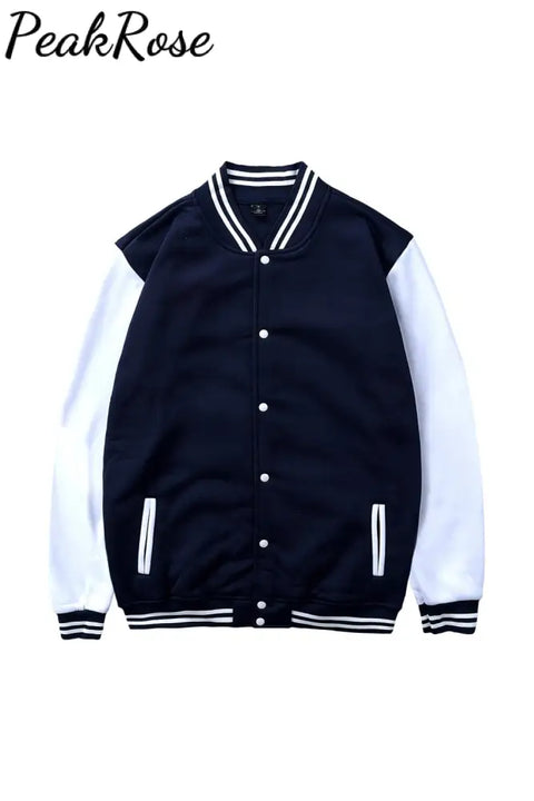 Solid Color Baseball Jacket Navy Blue / S