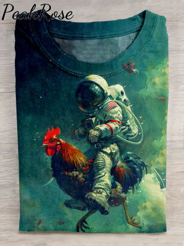 Spaceman Ride A Chicken Art Print Casaul Short Sleeve T-Shirt Multicolor / S Hot Sell