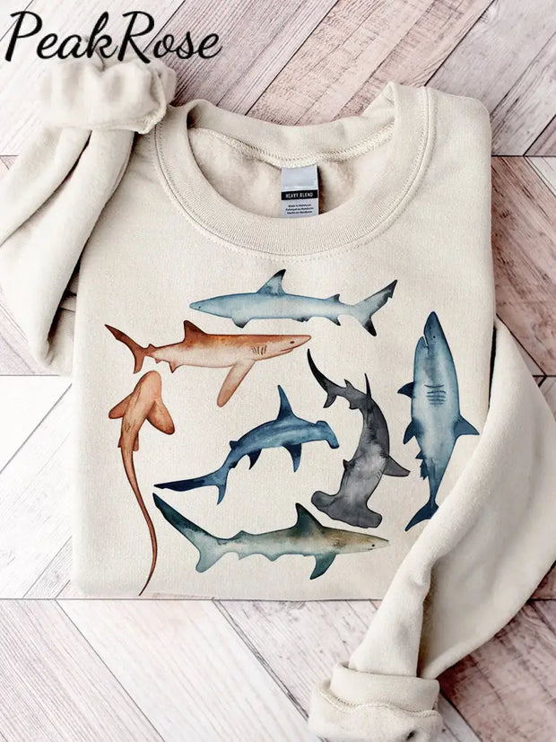 Species Of Sharks Watercolor Comfy Sweatshirt Beige / S Hot Sell