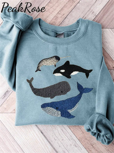 Species Of Whales Embroidery Art Comfy Sweatshirt Blue / S Hot Sell