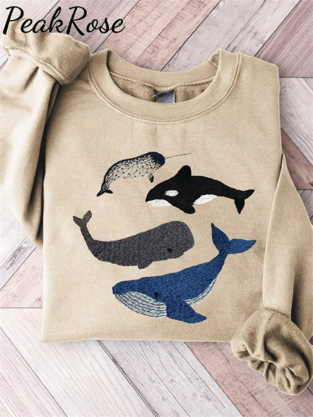 Species Of Whales Embroidery Art Comfy Sweatshirt Khaki / S Hot Sell