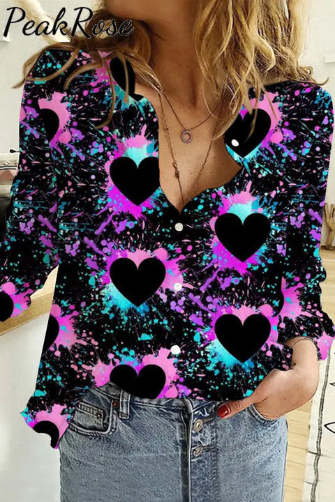 Splash-Ink Love Heart Black Long Sleeve Shirt S / Women