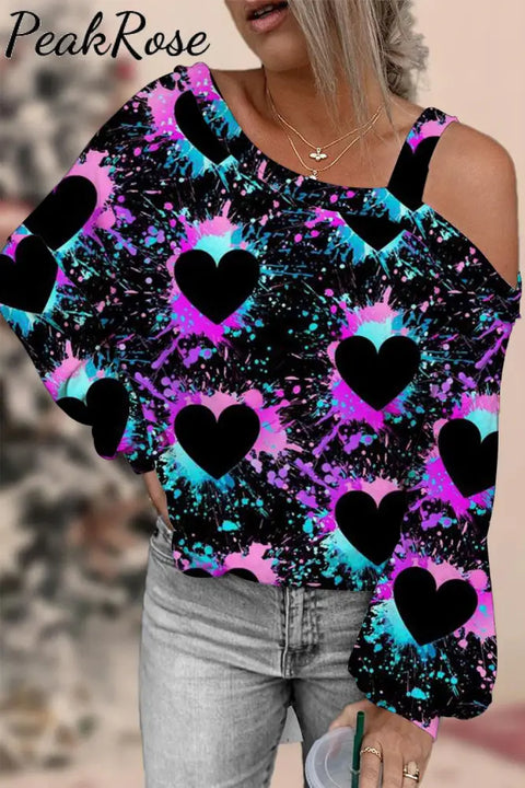 Splash-Ink Love Heart Black Off-Shoulder Blouse