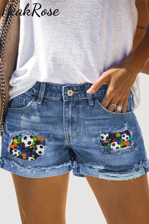 Splatter Retro Soccer Ball Mom Print Denim Shorts