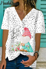 Spotted Shading Elf Egg Flower Fold V Neck Loose T-Shirt