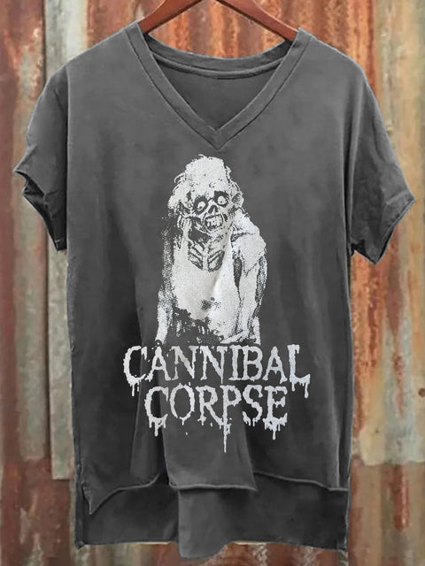 Women's Vintage Horror Art Illustration Printed Cotton V-Neck Short Sleeve T-Shirt