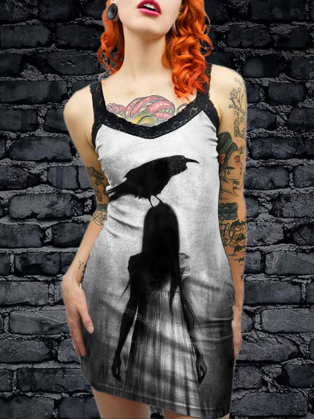 Women's Vintage Gothic Horror Art Illustration Printed Cotton Slim Fit Suspender Dress