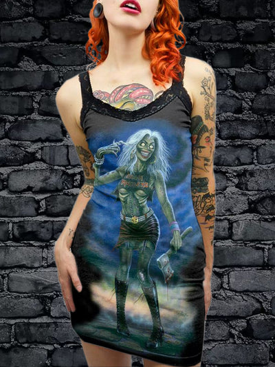 Women's Vintage Horror Zombie Art Illustration Printed Cotton Slim Fit Suspender Dress