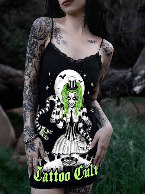 Women's Vintage Horror Art Illustration Printed Cotton Slim Fit Suspender Dress