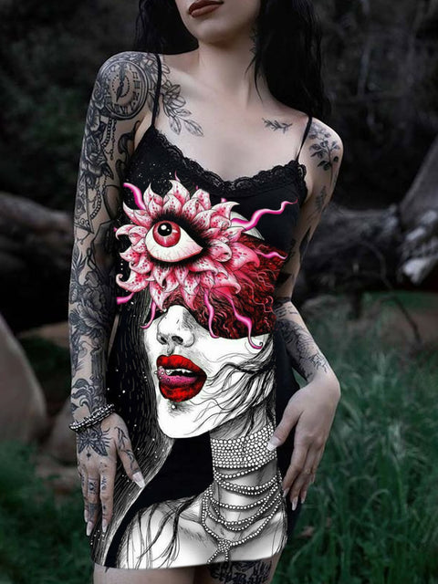 Women's Vintage Horror Art Illustration Printed Cotton Slim Fit Suspender Dress