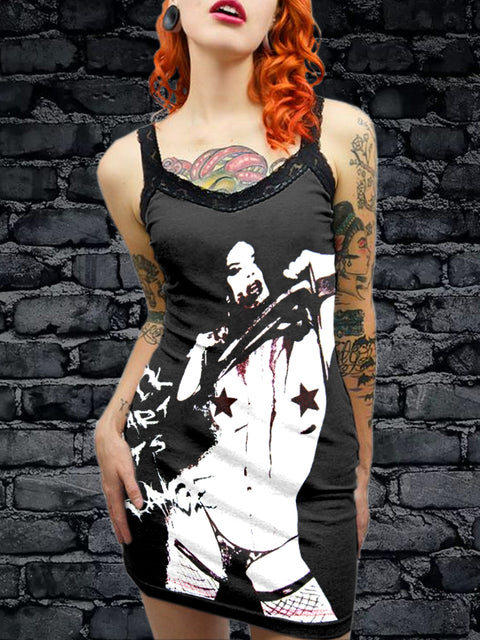 Women's Vintage Gothic Horror Art Illustration Printed Cotton Slim Fit Suspender Dress