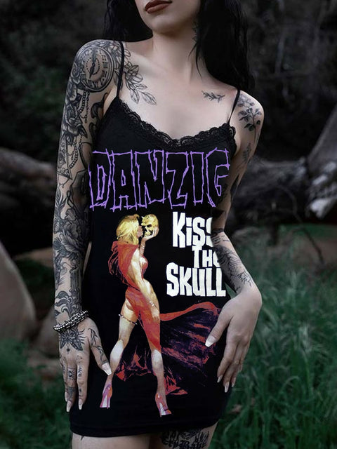 Women's Vintage Punk Skull Printed Cotton Slim Fit Suspender Dress