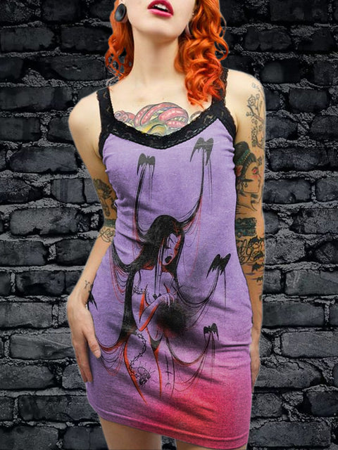 Women's Vintage Gothic Horror Art Illustration Printed Cotton Slim Fit Suspender Dress