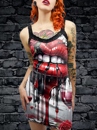 Women's Sexy Gothic Art Illustration Printed Cotton Slim Fit Suspender Dress