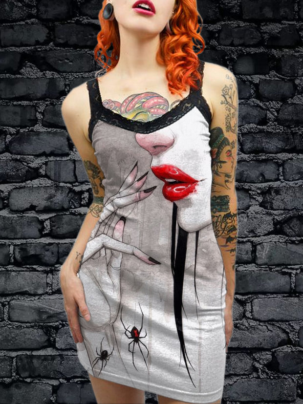 Women's Vintage Gothic Art Illustration Printed Cotton Slim Fit Suspender Dress