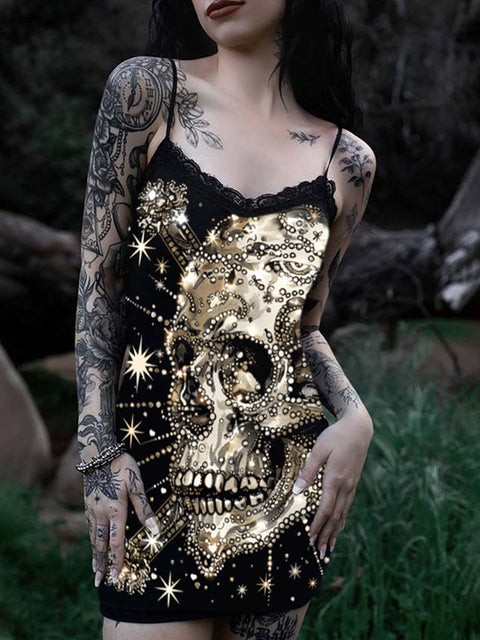 Women's Sexy Punk Sequin Skull Print Cotton Slim Fit Suspender Dress