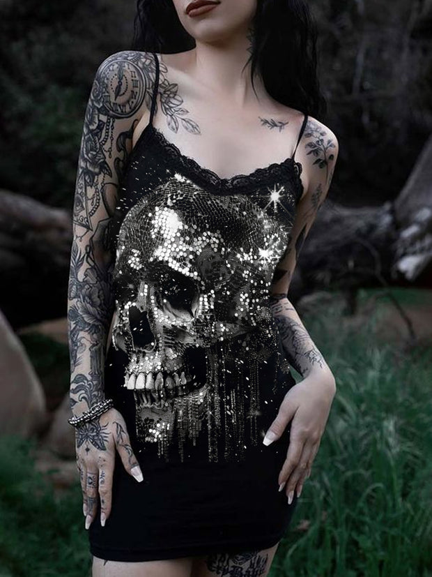 Women's Sexy Punk Sequin Skull Print Cotton Slim Fit Suspender Dress
