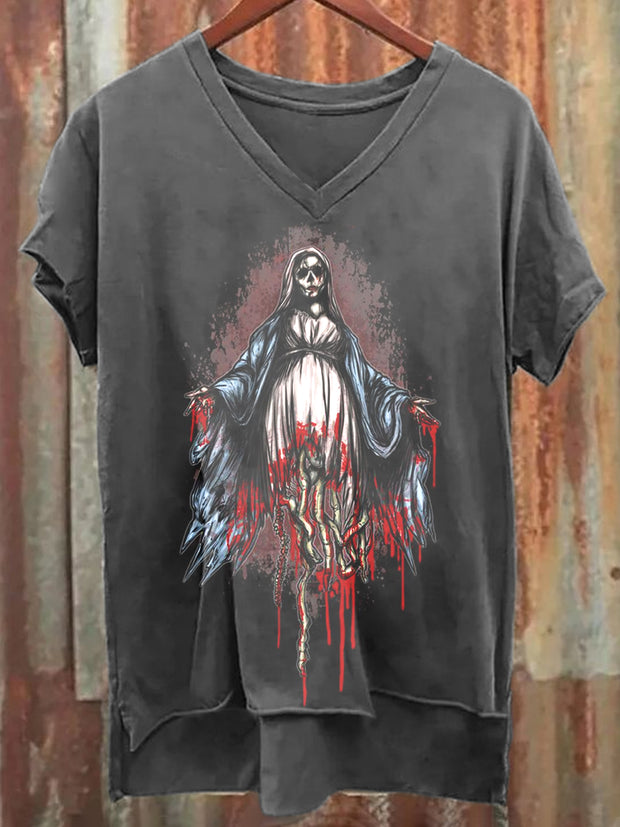 Women's Vintage Horror Art Illustration Printed Cotton V-Neck Short Sleeve T-Shirt