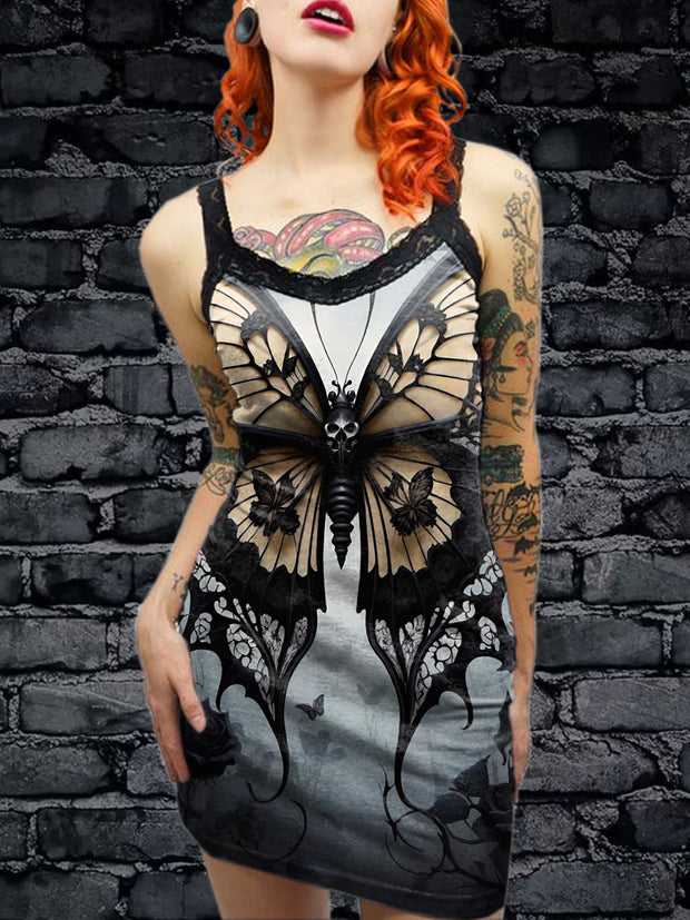 Women's Vintage Gothic Butterfly Art Illustration Printed Cotton Slim Fit Suspender Dress