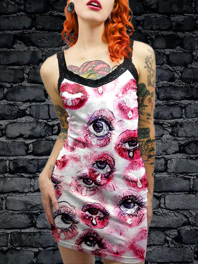 Women's Vintage Gothic Horror Art Illustration Printed Cotton Slim Fit Suspender Dress