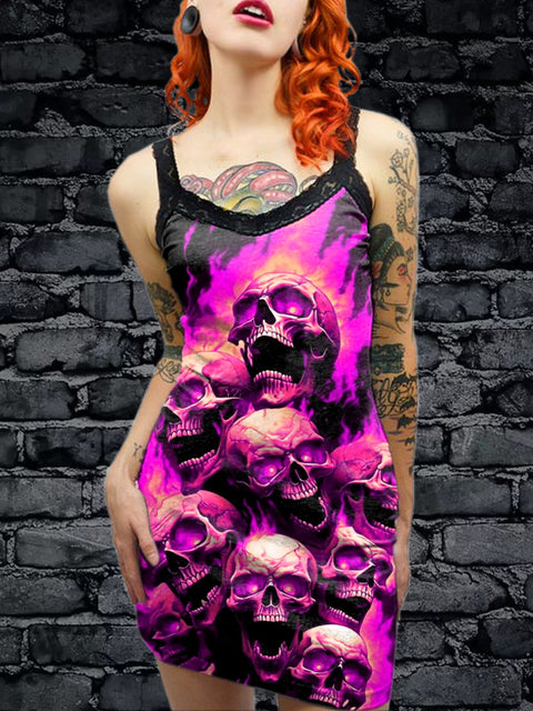 Women's Sexy Punk Skull Printed Cotton Slim Fit Suspender Dress