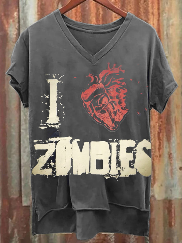 Women's Retro Zombie Art Illustration Printed Cotton V-Neck Short Sleeve T-Shirt