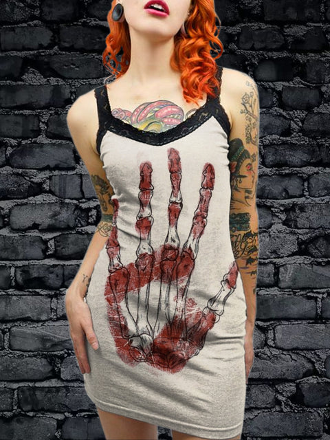 Women's Vintage Gothic Horror Art Illustration Printed Cotton Slim Fit Suspender Dress