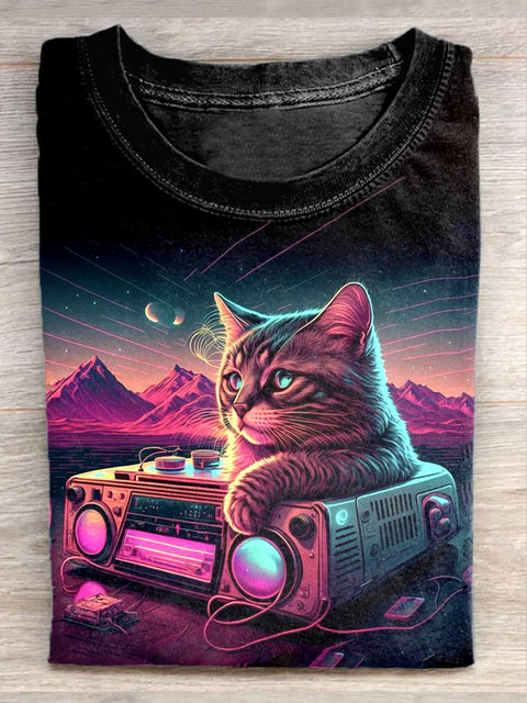 Unisex Fantasy Music Cat Art Illustration Printed Casual T-Shirt