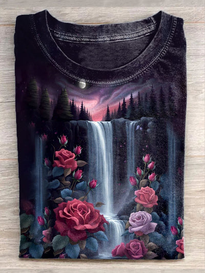 Unisex Psychedelic Waterfall Landscape Art Illustration Casual T-Shirt