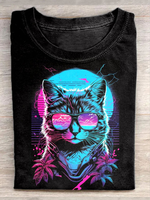 Unisex Cyberpunk Cat Art Illustration Print Casual Round Neck T-Shirt