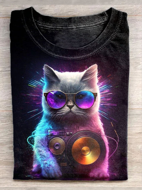 Unisex Fantasy Music Cat Art Illustration Printed Casual T-Shirt