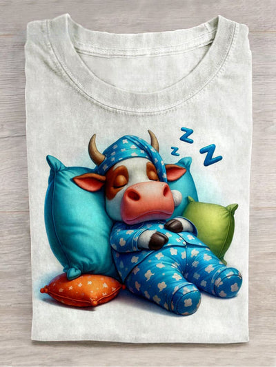 Unisex Sleeping Cow Art Print Short Sleeve Casual T-Shirt