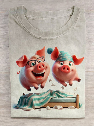 Unisex Happy Pig Art Print Short Sleeve Casual T-Shirt