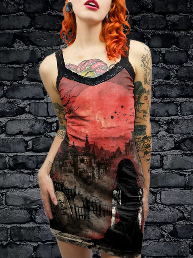 Women's Sexy Gothic Print Lace Slim Fit Suspender Dress