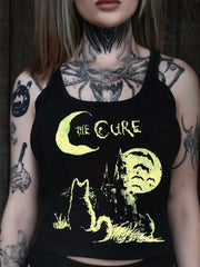 Women's Gothic Cat Art Illustration Printed Slim Fit Vest