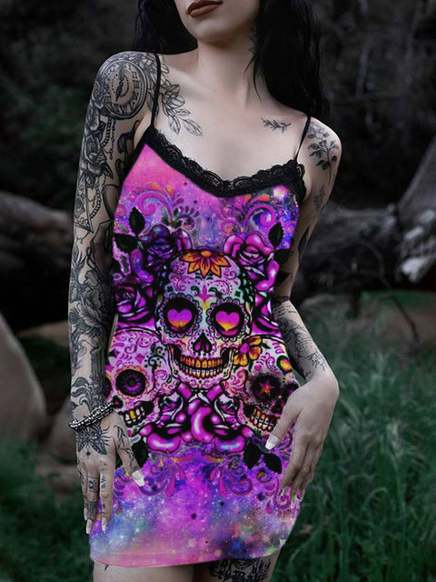 Women's Retro Starry Sky Skull Lace V-Neck Suspender Dress