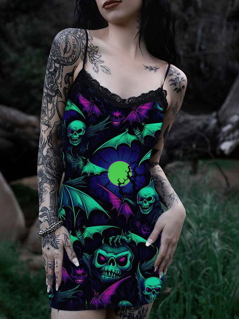 Women's Fantasy Skull Bat V-Neck Lace Suspender Dress