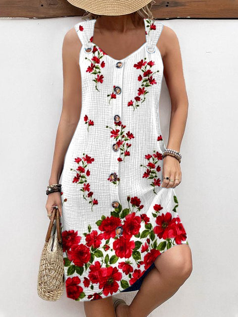 Women's Vintage Art Floral Print Casual Suspender Dress