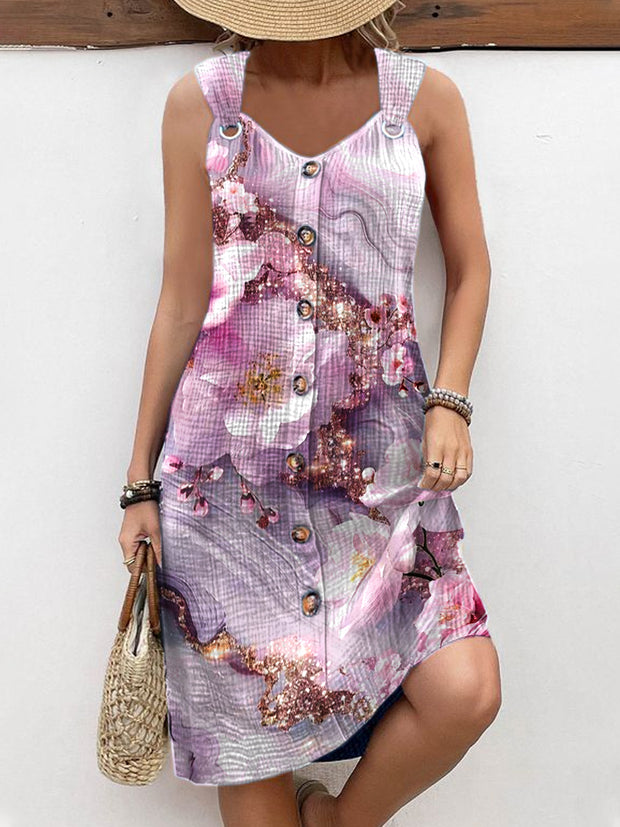 Women's Vintage Art Floral Print Casual Suspender Dress