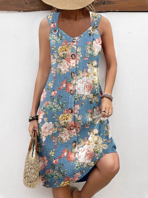 Women's Vintage Art Floral Print Casual Suspender Dress