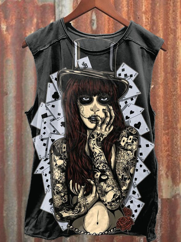 Unisex Retro Poker Goddess Art Illustration Printed Casual Cotton Tank Top