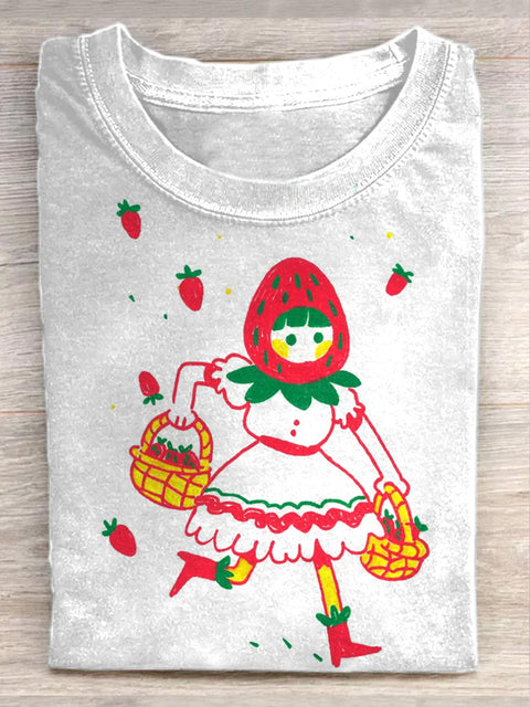 Unisex Cute Strawberry Girl Art Illustration Print Casual Cotton Round Neck T-Shirt