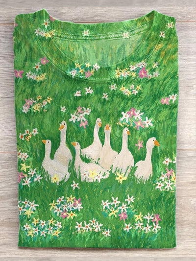 Unisex Prairie Duck Art Illustration Printed Casual Cotton Crew Neck T-Shirt