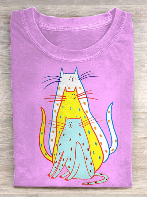 Unisex Cute Cat Art Illustration Printed Casual Cotton Crew Neck T-Shirt