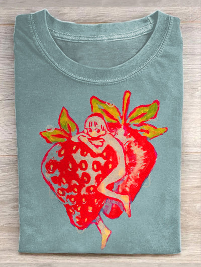 Unisex Cute Strawberry Girl Art Illustration Print Casual Cotton Round Neck T-Shirt