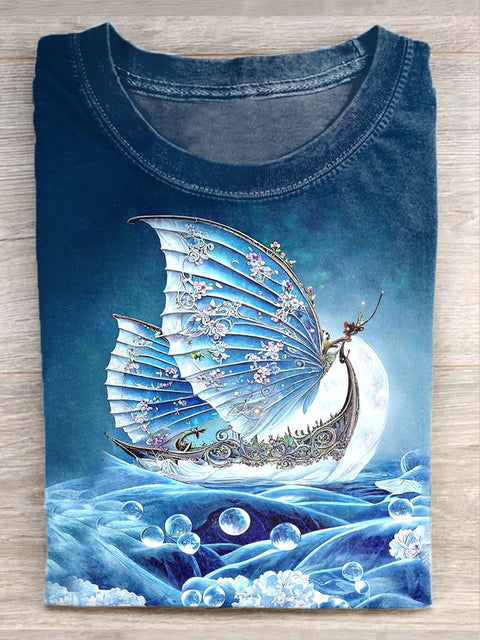 Unisex Ice Butterfly Sailing Art Illustration Printed Casual Cotton T-Shirt