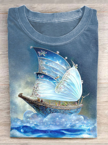 Unisex Ice Butterfly Sailing Art Illustration Printed Casual Cotton T-Shirt