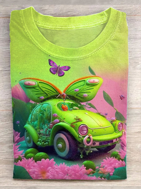 Unisex Fantasy Car Art Illustration Printed Casual Cotton Crew Neck T-Shirt