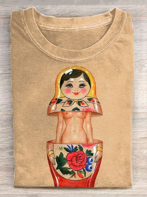 Unisex Retro Matryoshka Art Illustration Printed Casual Cotton Round Neck T-Shirt